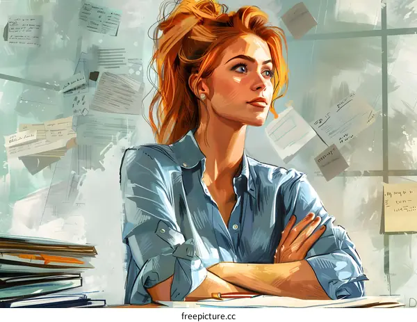 Woman with Red Hair Sitting at Desk with Papers