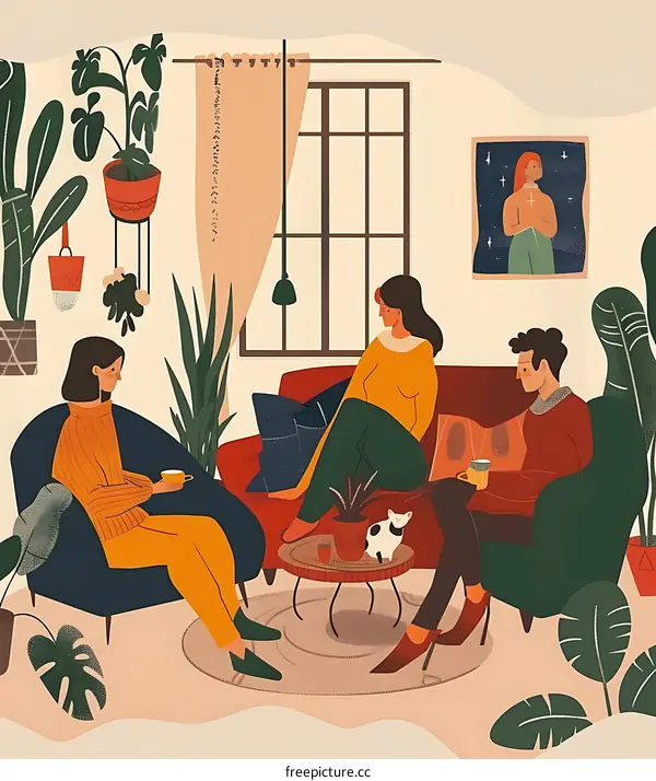 Friends Chatting And Drinking Coffee In Cozy Living Room