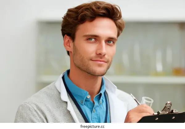 Caucasian male scientist writing notes