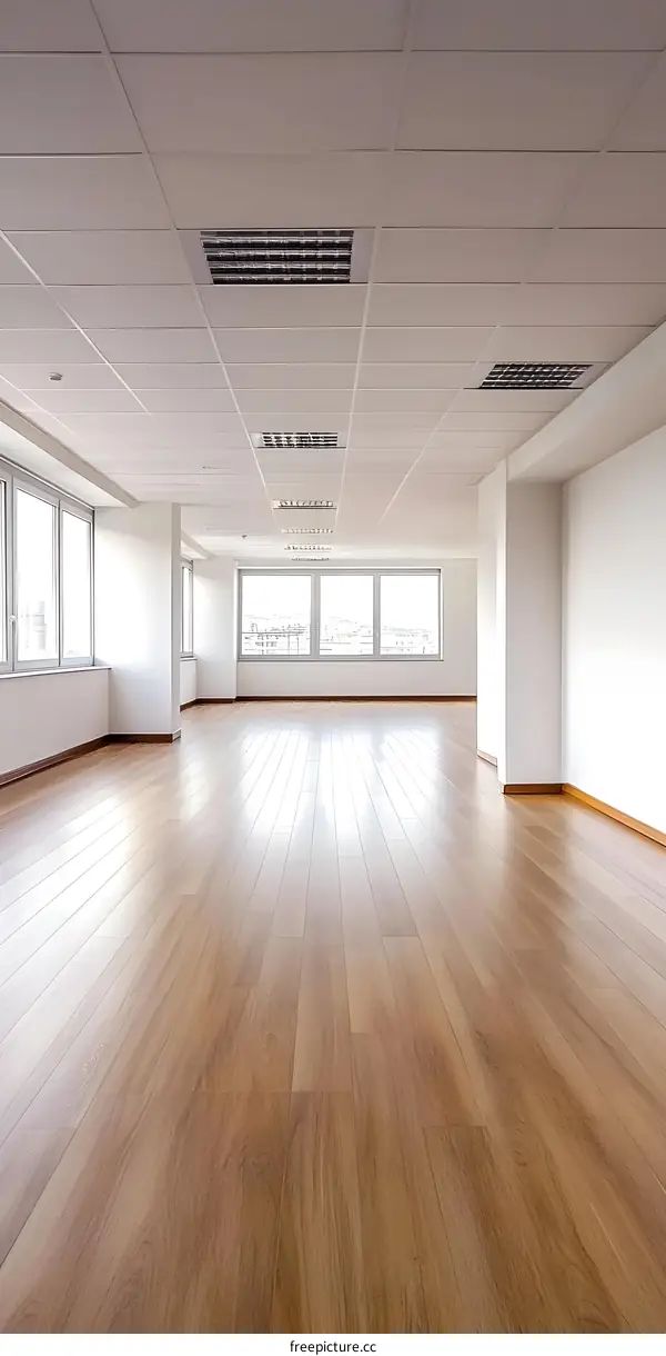 Empty Office Room with Large Windows and Wooden Floor