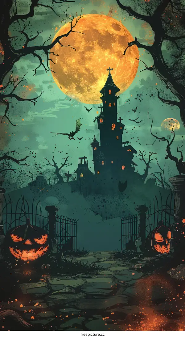 Haunted House with Pumpkin, Bats, and Full Moon