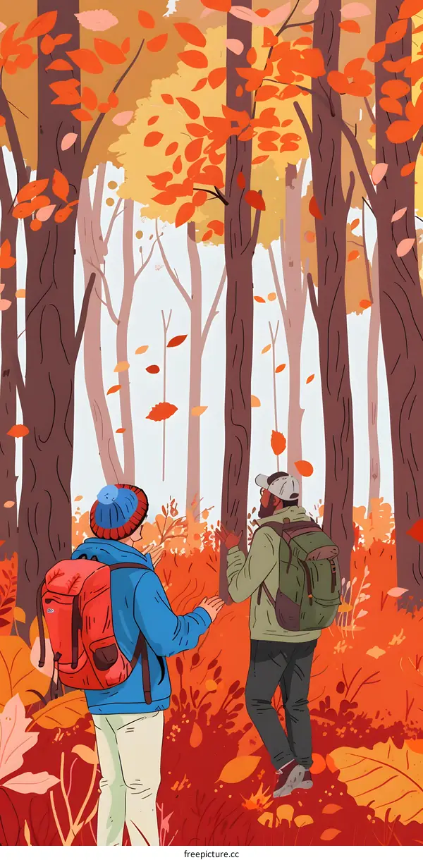 Two Men Hiking in Autumn Forest