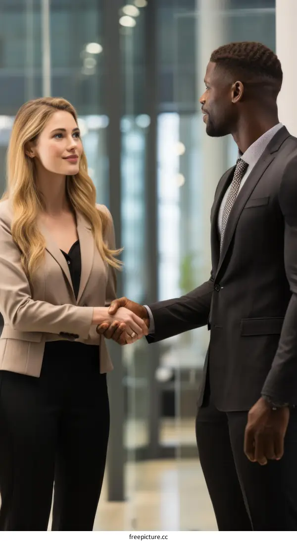 Business handshake between a black man and a white woman