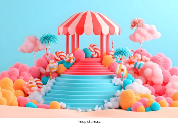 Candy Land with Pink Clouds, Blue and Pink Canopy, and Steps