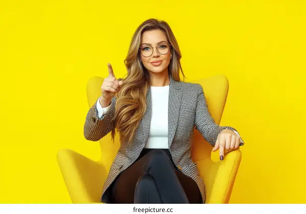 Business Woman Pointing on Yellow Background