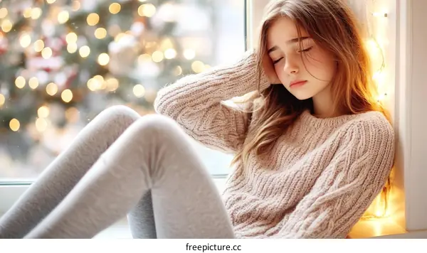 Winter window scene with a girl in a knitted sweater