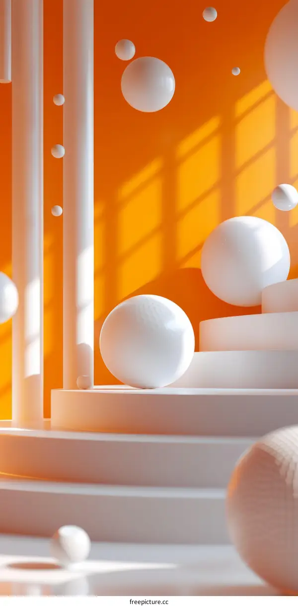 3D rendering of a surreal geometric space with floating spheres and a podium