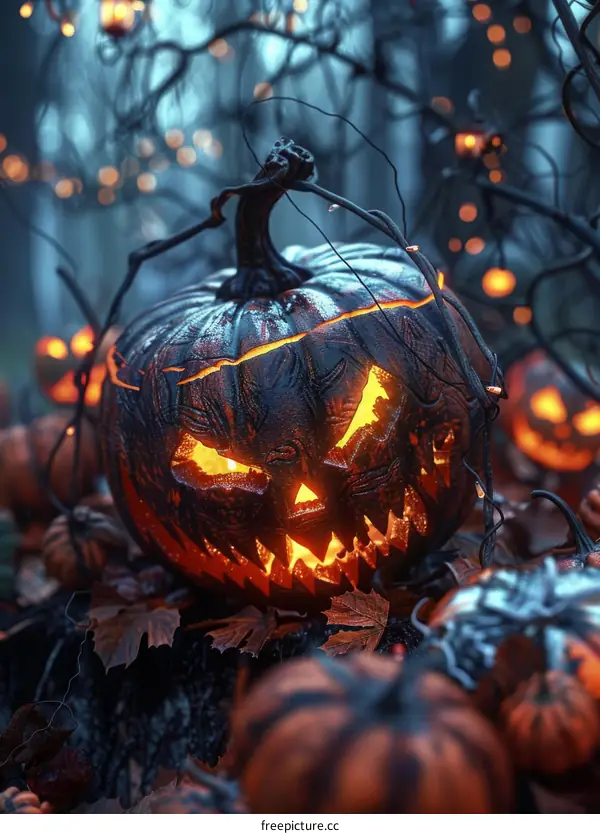 Halloween Pumpkin Lantern in a Spooky Dark Forest