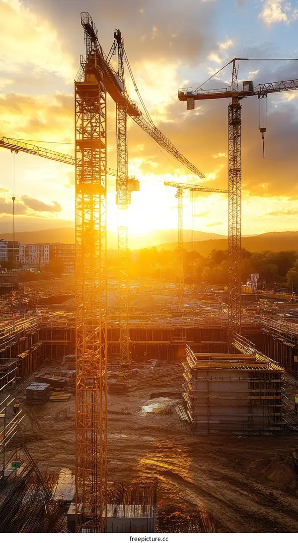 Construction Site at Sunset with Cranes