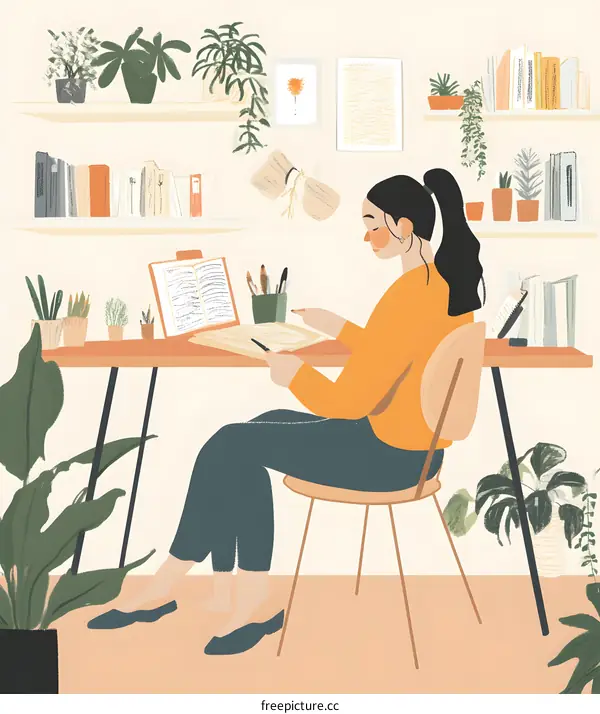 Woman Studying at a Desk in a Room with Plants
