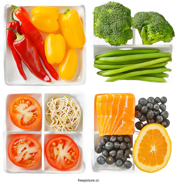 [Transparent Background PNG]Colorful Food Arrangement in White Dishes