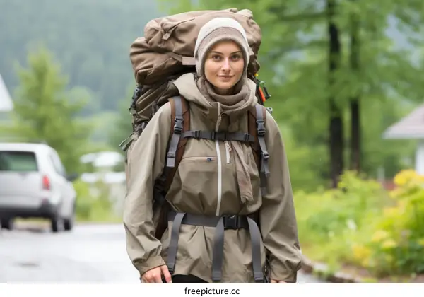 Young woman with a backpack standing in front of a car in the rain