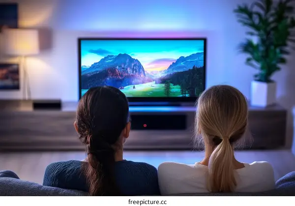 Two women watching TV at home