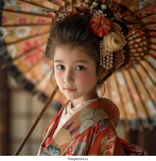 Little Japanese girl in kimono holding an umbrella