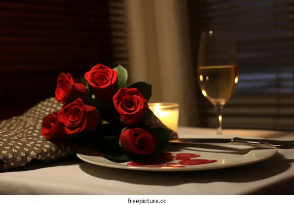 Romantic Candlelit Dinner with Red Roses and Wine