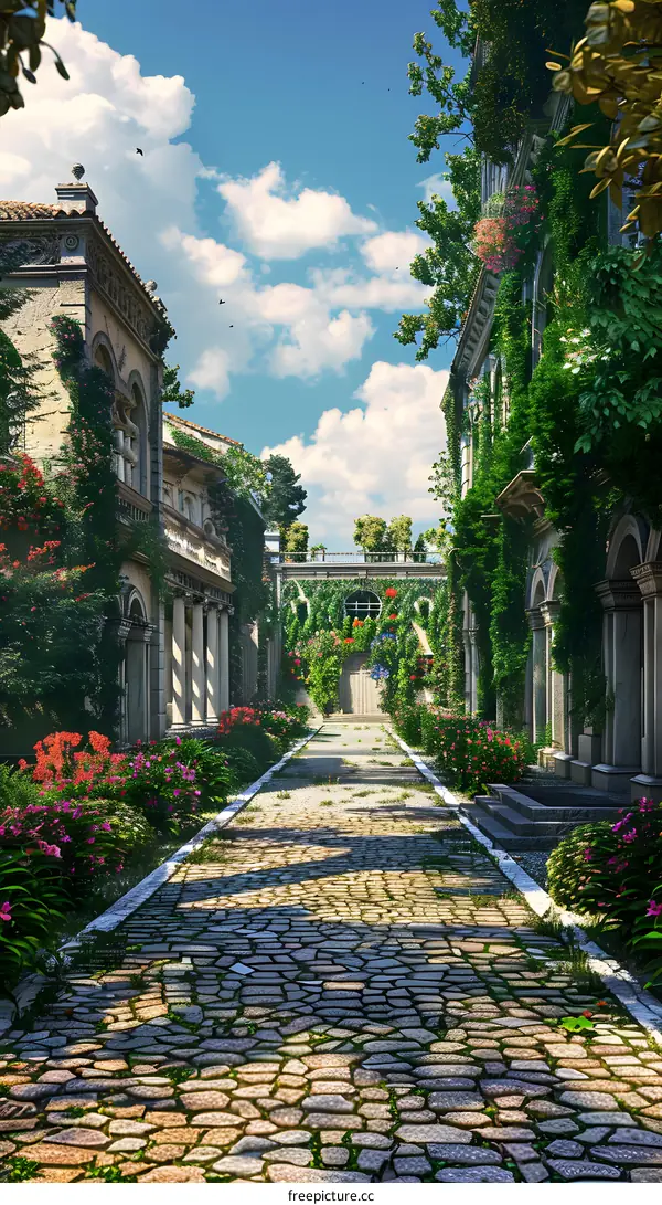 Cobblestone Street in a Lush Garden Setting
