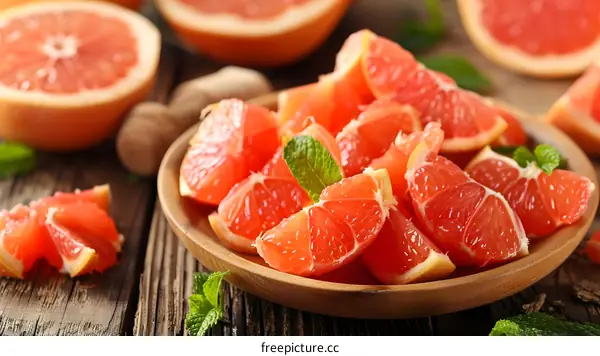 Fresh Sliced Grapefruit and Mint Leaves on a Wooden Plate