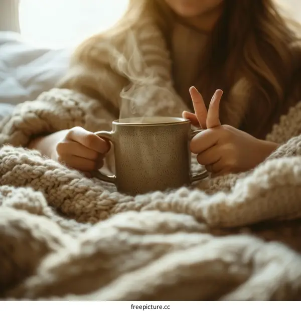 Little girl wrapped in blanket holding cup of hot tea or coffee with two fingers making peace sign