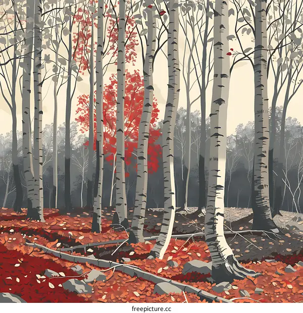 Autumn Forest with Birch Trees and Red Leaves