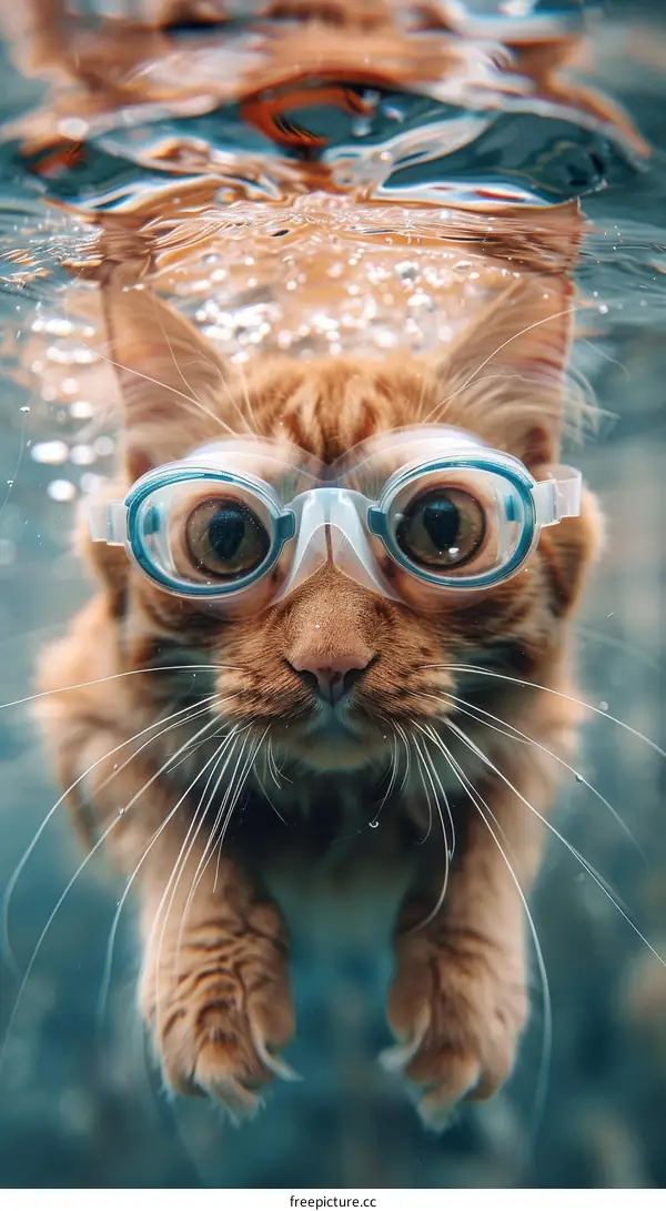 A ginger cat wearing swimming goggles swims underwater