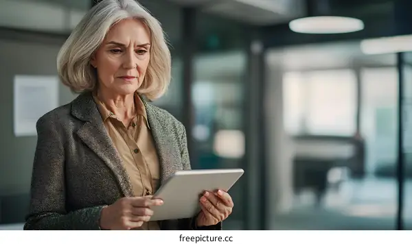 Senior Woman in Office Using Digital Tablet