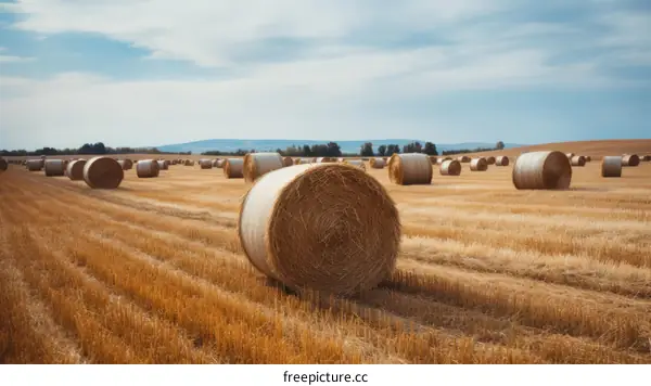 Field of hay bales under blue sky
