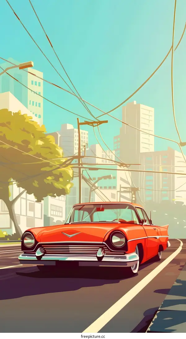 Classic Red Car in City Setting Illustration