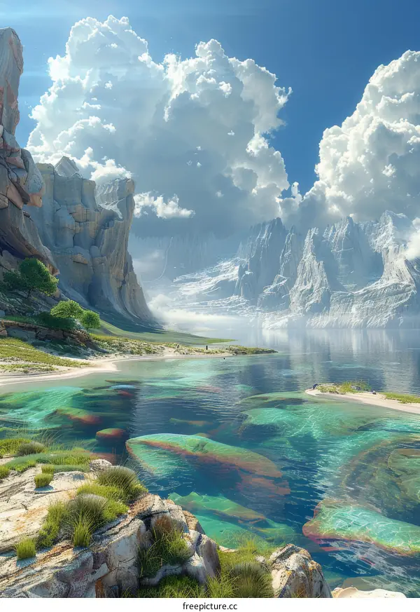 Fantasy Lake and Mountain Landscape