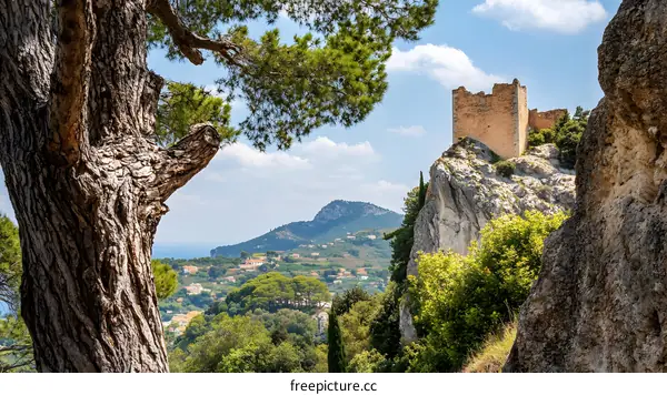 Old Stone Tower Ruins on a Hilltop with a View of the Mediterranean Sea