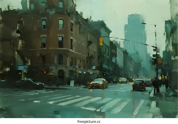 Misty Urban Street with Vintage Buildings and Moving Cars