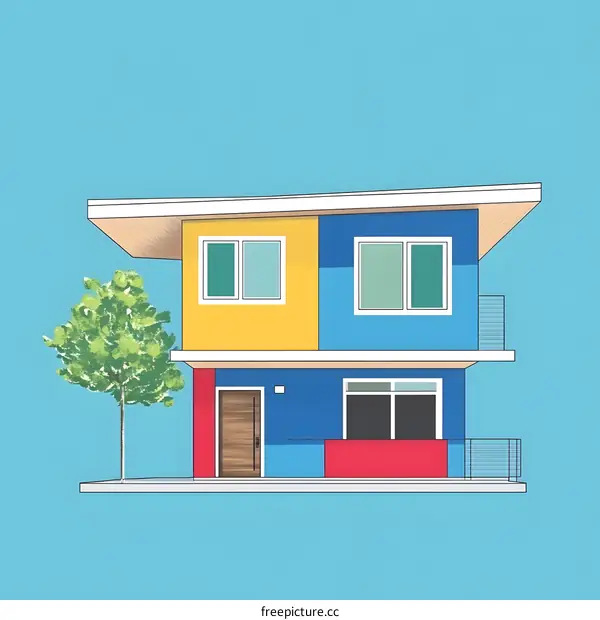 Modern Minimalist Illustration of a Colorful Two Story House