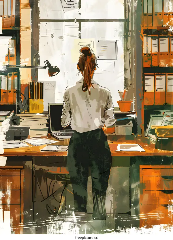 business woman looking out the office window