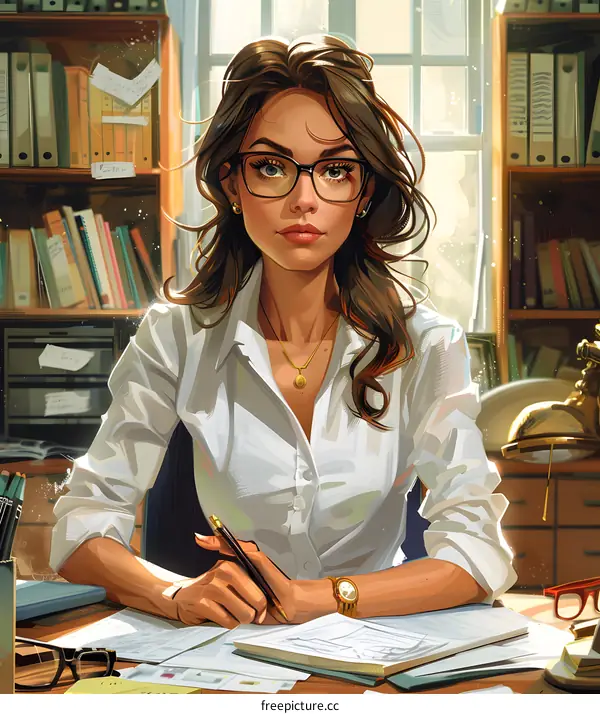 portrait of a beautiful woman in glasses sitting at a desk in an office