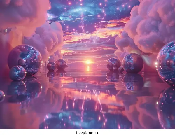 Surreal Sunset Landscape with Floating Spheres