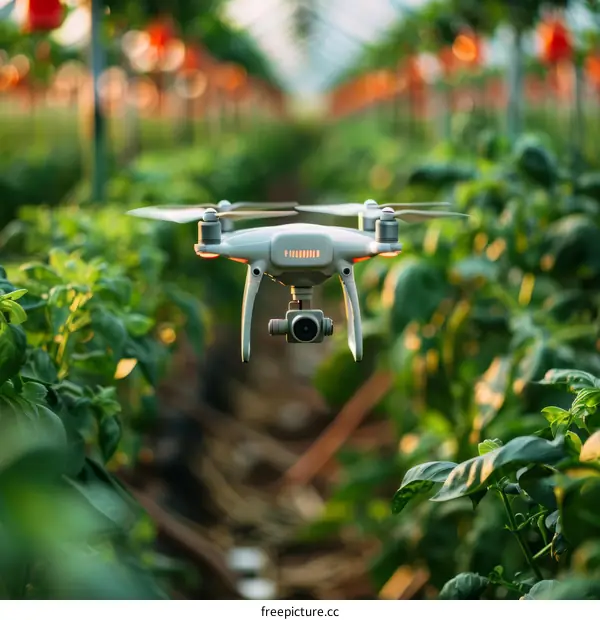 A drone flies over a field of green plants.