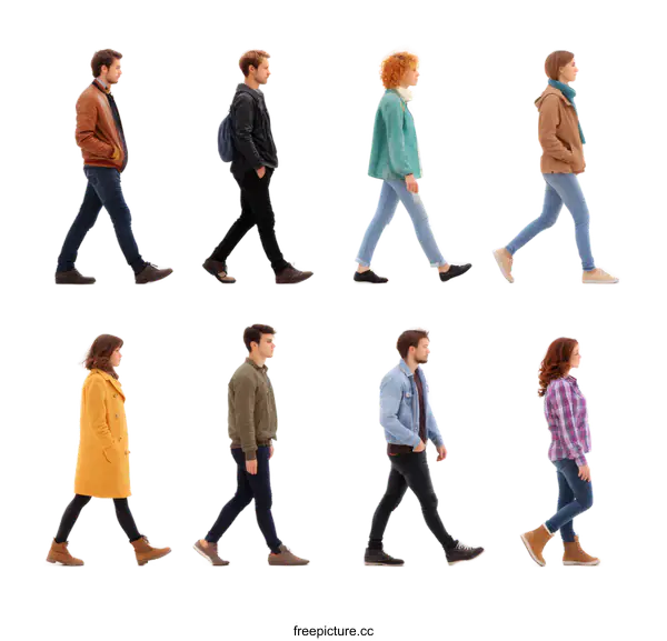 [Transparent Background PNG]Diverse People Walking in Profile
