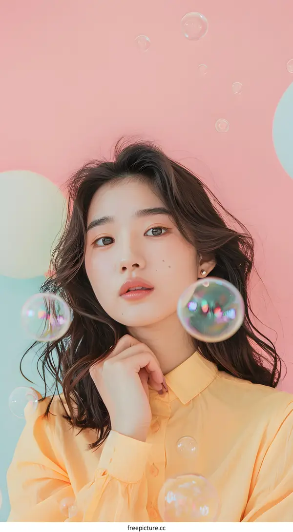 Young Asian Woman in Yellow Shirt with Bubbles