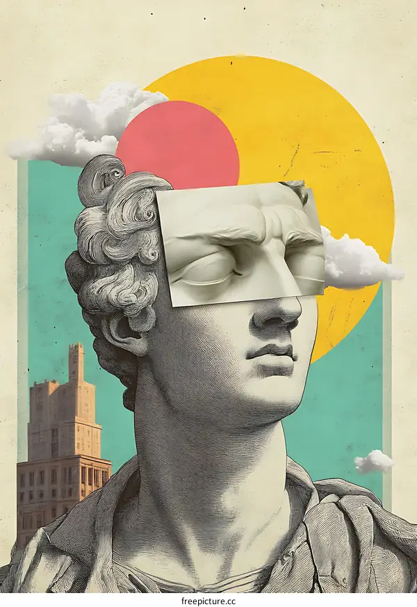 Modern Collage Art with Statue Head and Building