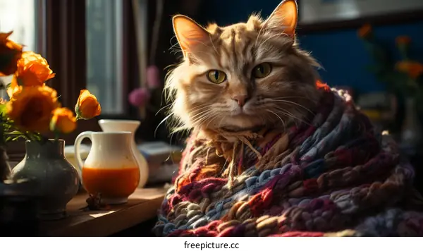 ginger cat wrapped in a blanket