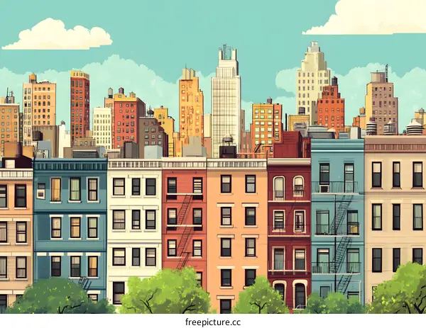 Colorful Cityscape with Buildings and Sky