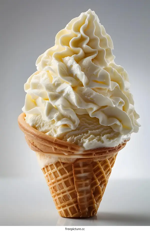 Close-up image of a vanilla soft serve ice cream cone