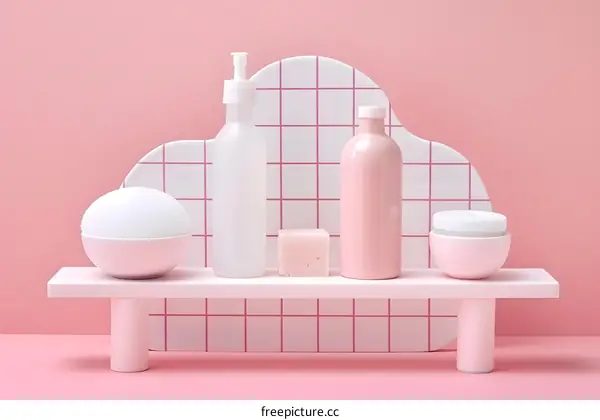 Minimalist Bathroom Shelf with Pink Bottles and Soap