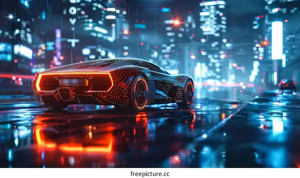 futuristic car in city street with neon lights at night