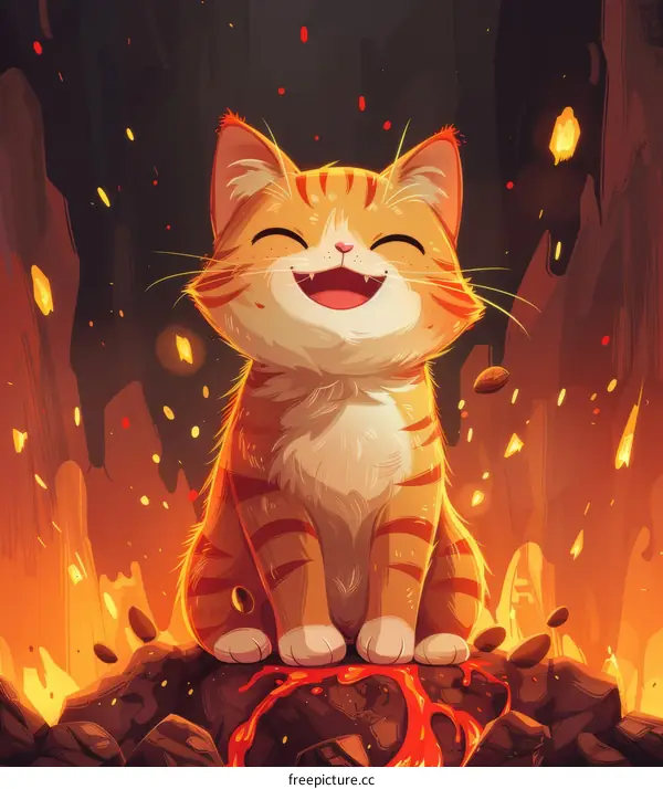 A happy orange cat sits on a rock in front of a lava flow