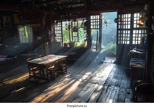 An old wooden house with a table and chairs in the center. There is a bright light coming in through the windows.
