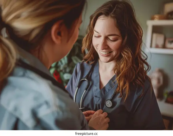 Two female doctors in scrubs smiling at each other