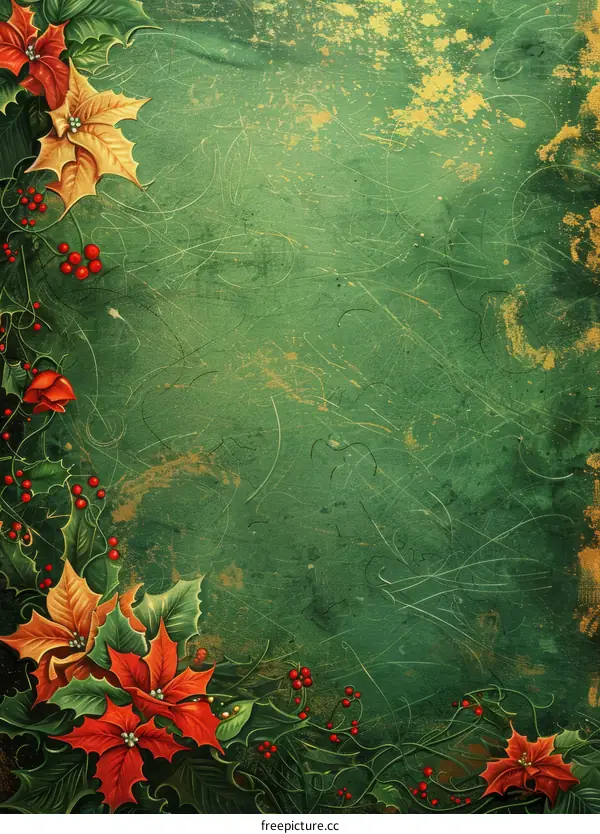 Vintage Christmas background with poinsettias and holly