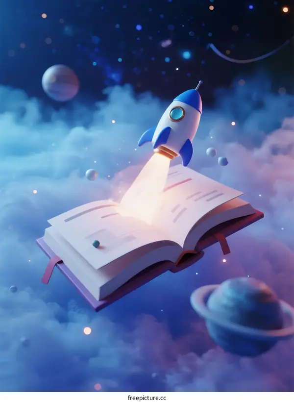 Rocket Launching from Open Book in Starry Space Clouds