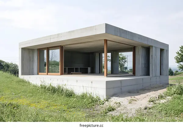 Modern Concrete House with Wooden Windows and Large Open Terrace