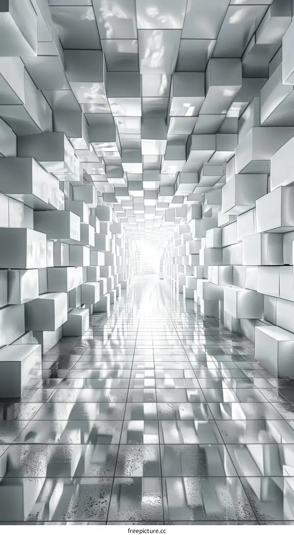 Futuristic Sci-Fi White 3D Tunnel With Bright Light At The End